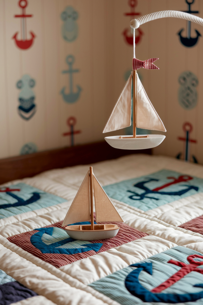 A sailboat-themed nursery with blue and white decor, a crib, rocking chair, and nautical wall art