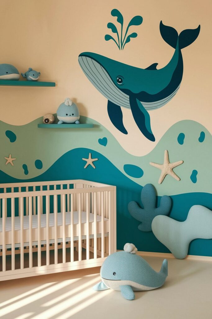 In a soothing underwater nursery, soft blues and greens dominate the tranquil atmosphere. Giant whale wall decals and plush toys float gracefully against the pastel backdrop, while starfish accents decorate the walls and shelves, adding a touch of coastal charm.