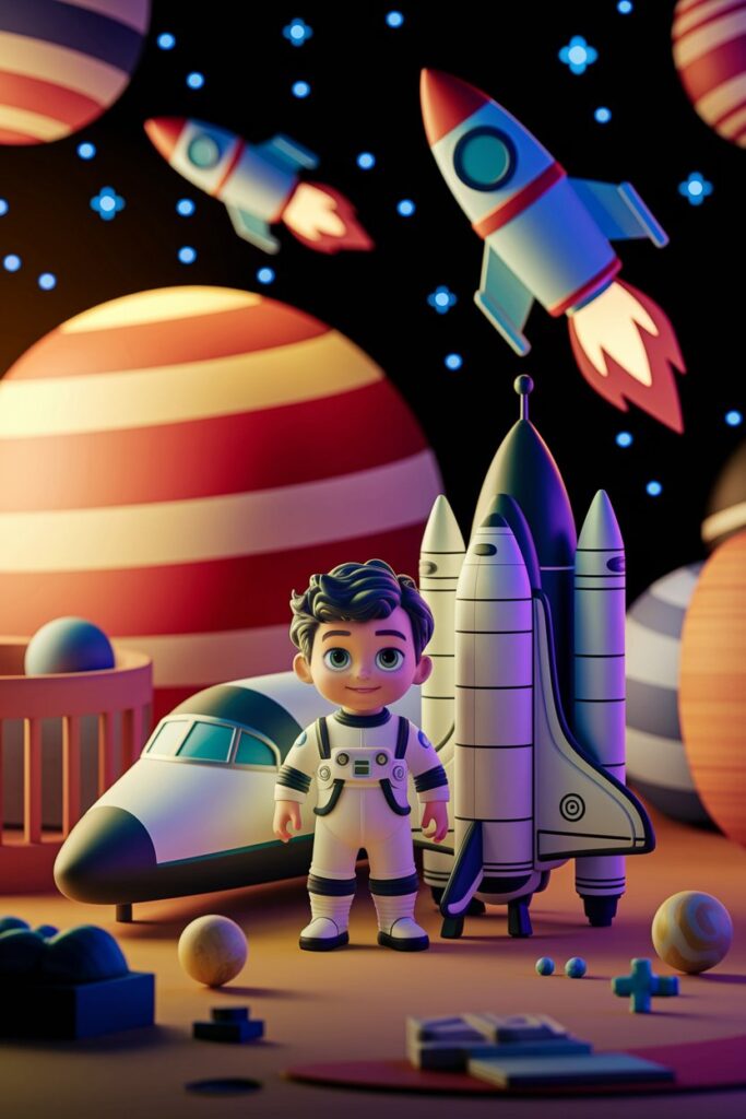An astronaut floats near a space shuttle, surrounded by stars and planets