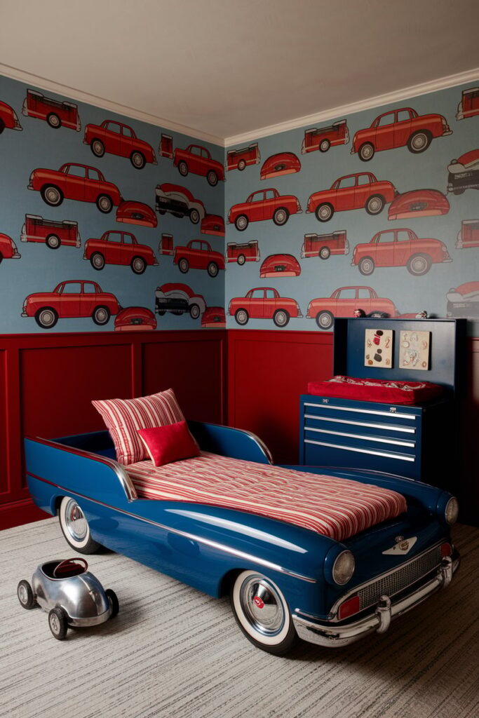 A vintage car-themed nursery with blue and white decor, a crib, and toy cars scattered around the room