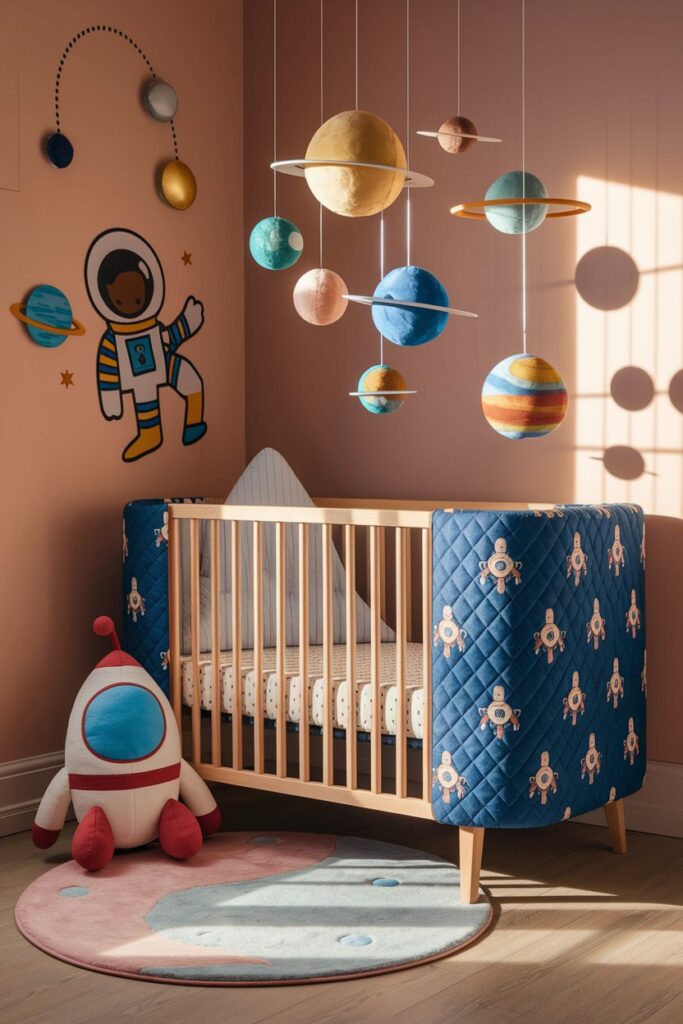 In a cozy, warmly lit nursery, soft pastel-toned walls are adorned with hanging mobiles featuring the planets of our solar system, gently floating above a quilted rocket print crib. Beside the crib, a plush toy shaped like a retro rocket sits playfully on a pastel rug, while whimsical wall art depicting astronauts in vibrant colors adds a charming touch. 