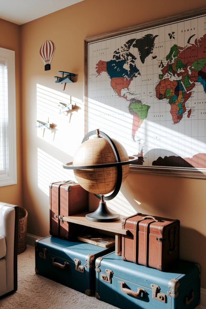In a cozy, warm-hued nursery, a large antique globe stands proudly atop a wooden shelf, surrounded by vintage suitcases arranged in a charming stack against the wall. 