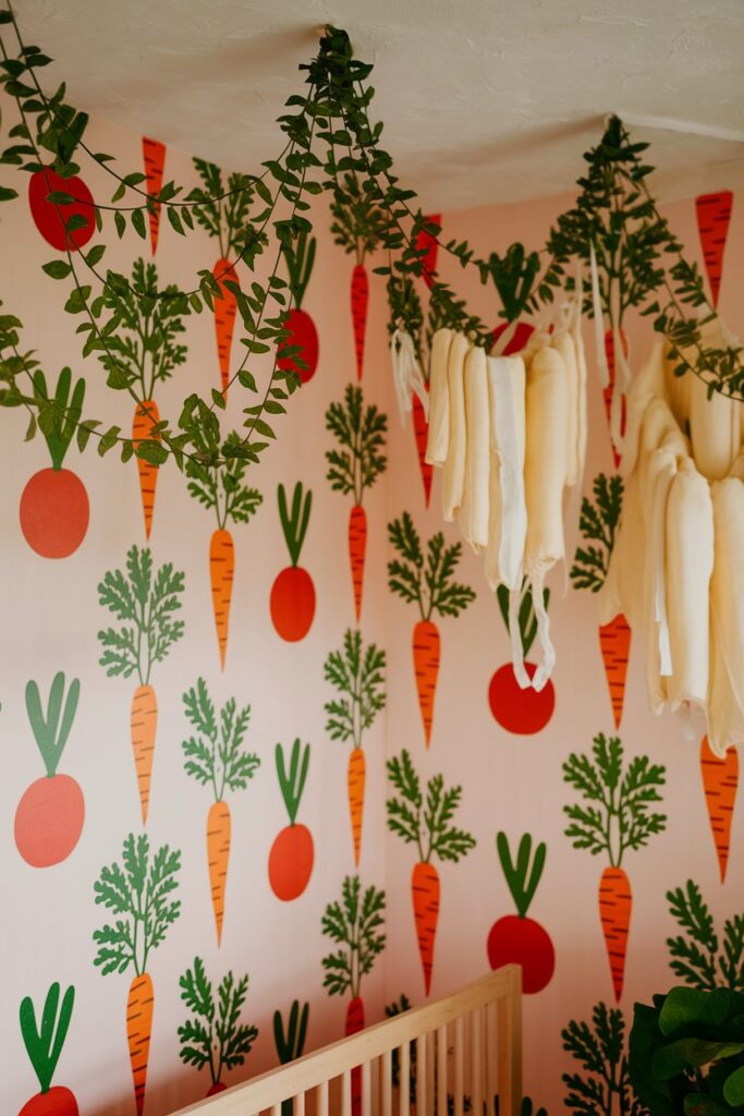 A rustic farm scene with colorful vegetable prints adorning the walls, a wooden table set with fresh produce, and a cozy nursery corner for a baby boy