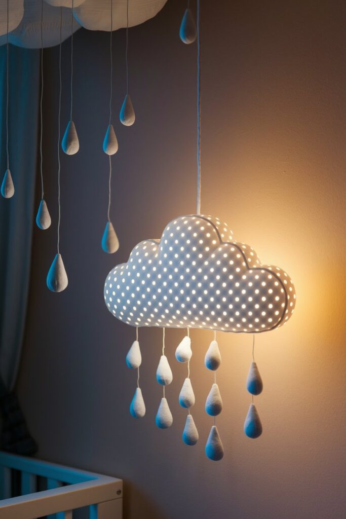 Softly lit nursery with fluffy clouds and gentle raindrops cascading down