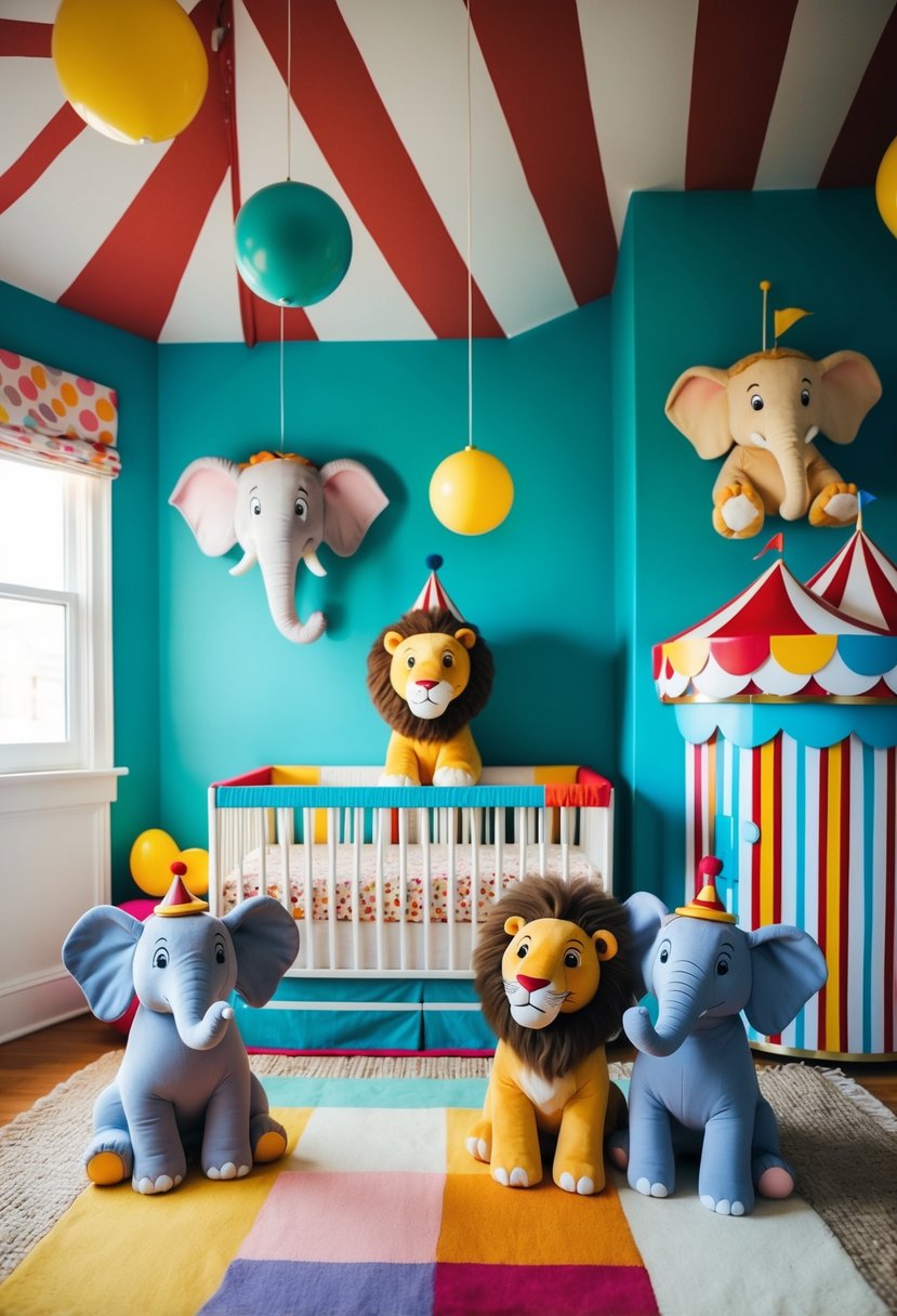 A playful circus-themed nursery with adorable elephants and lions in a colorful and whimsical setting