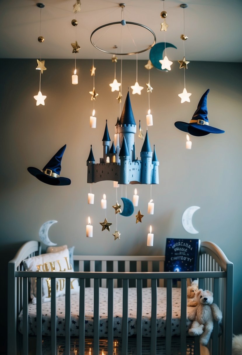 A cozy nursery with floating candles, wizard hats, and spell books. A magical castle mobile hangs above the crib, surrounded by stars and moons