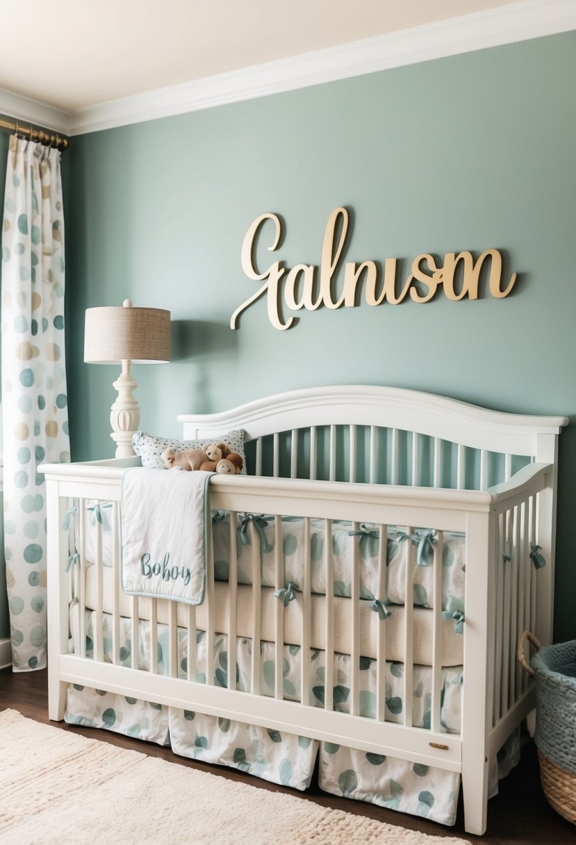 A cozy nursery with a name personalized on the wall or bedding, featuring a soft color palette and adorable baby boy decor