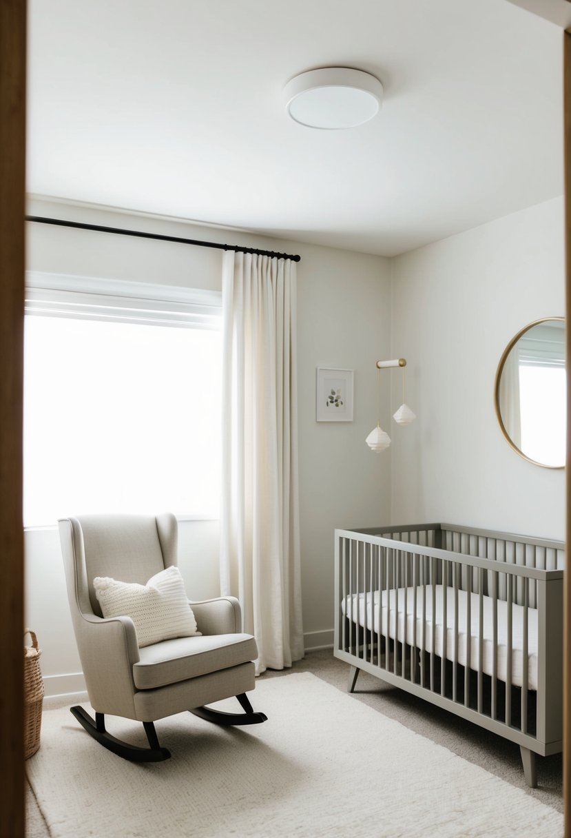 A serene nursery with clean lines, neutral tones, and minimal decor. A cozy rocking chair sits in the corner next to a sleek crib