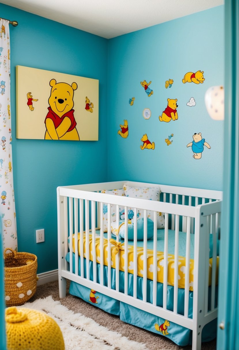 A cozy nursery with Winnie the Pooh theme, featuring soft blue walls, a crib with Pooh bedding, and playful wall decals