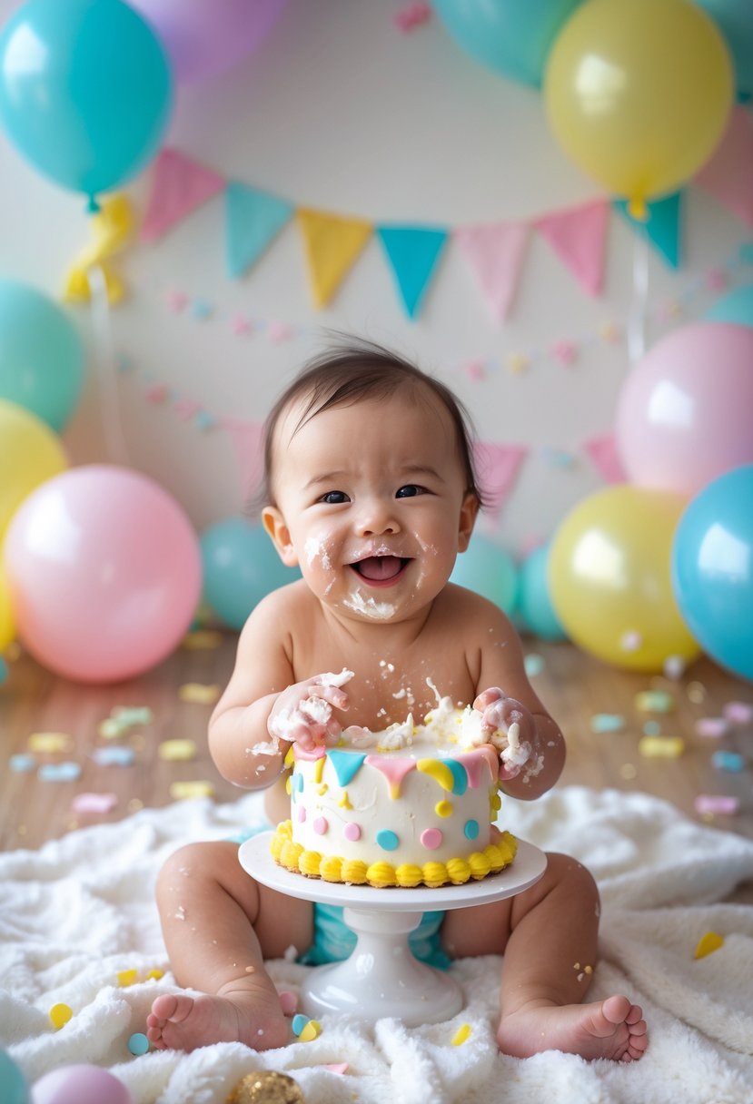 A baby happily smashing a decorated cake while sitting on a blanket surrounded by balloons and party decorations.
