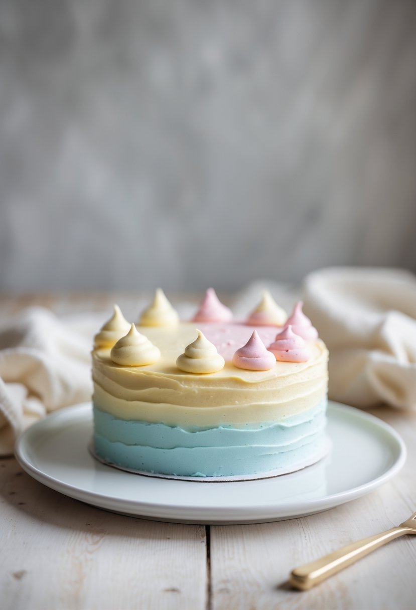 A small round cake with smooth pastel-colored frosting on a white plate on a wooden surface.