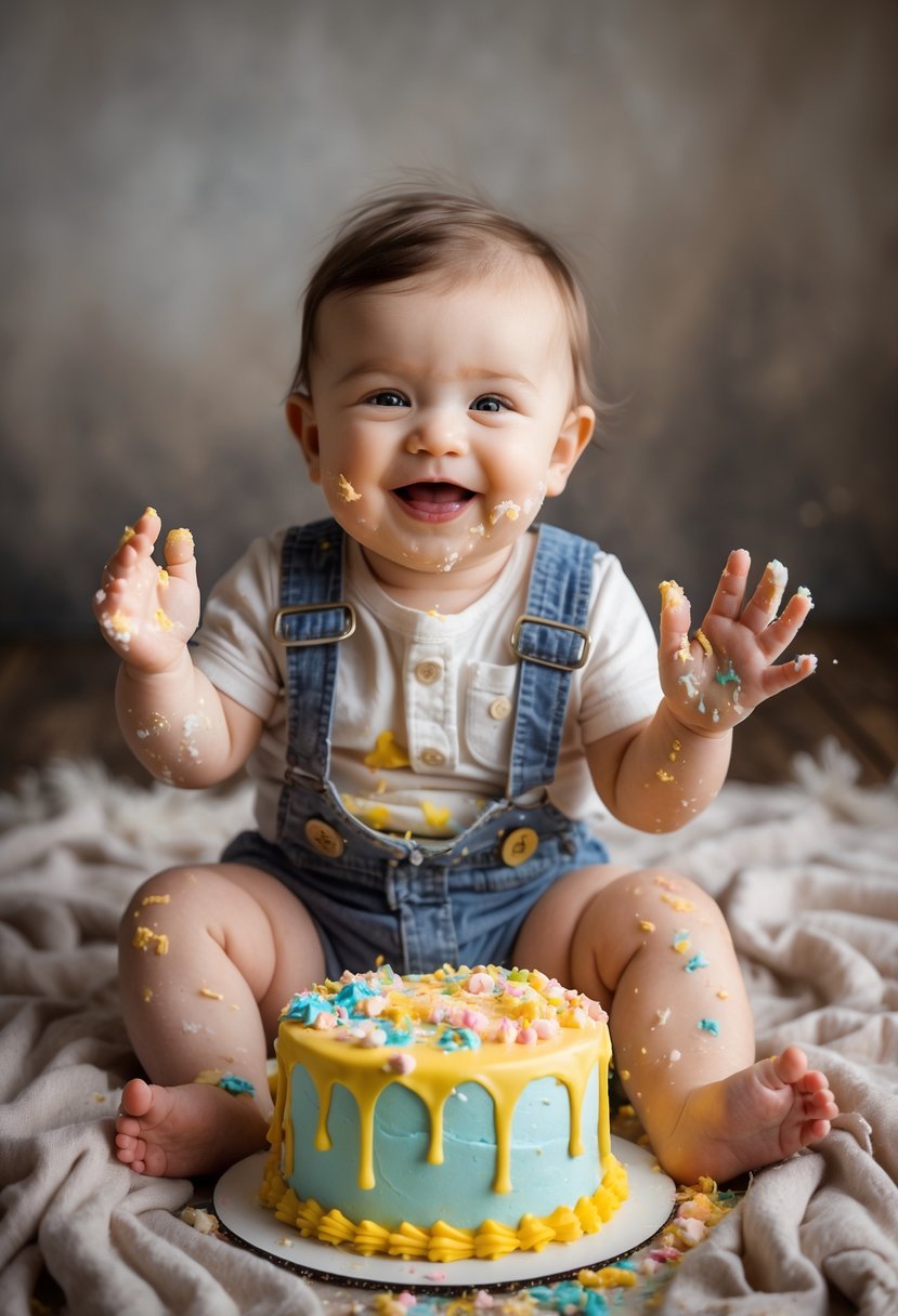 A baby sitting on a blanket with a partially smashed cake, smiling with frosting on their hands and face.