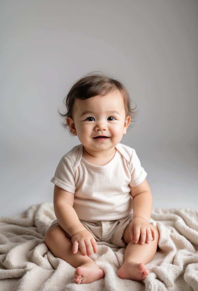 A young toddler sitting on a blanket, looking happy and curious in a bright, simple studio setting.