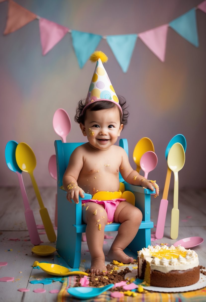A toddler wearing a novelty hat sits in a small chair, smiling with cake on their face and hands, surrounded by oversized spoons and a smashed cake.