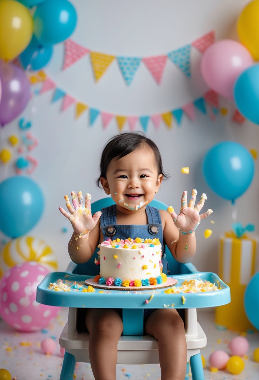 A toddler sitting in a high chair with a smashed birthday cake, surrounded by balloons and festive decorations.