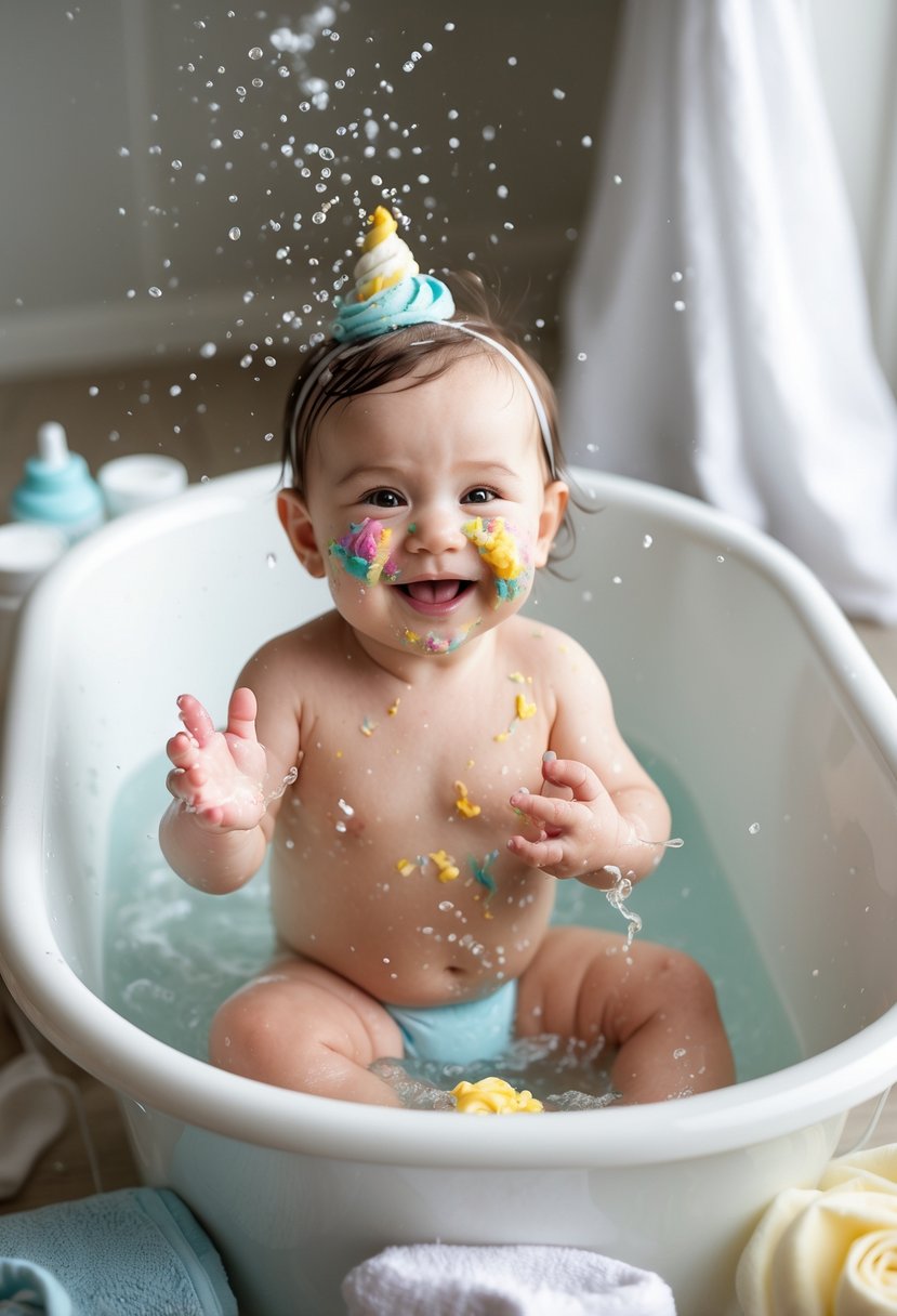 A happy baby sitting in a bathtub with cake frosting on their face and hands, smiling and splashing water.