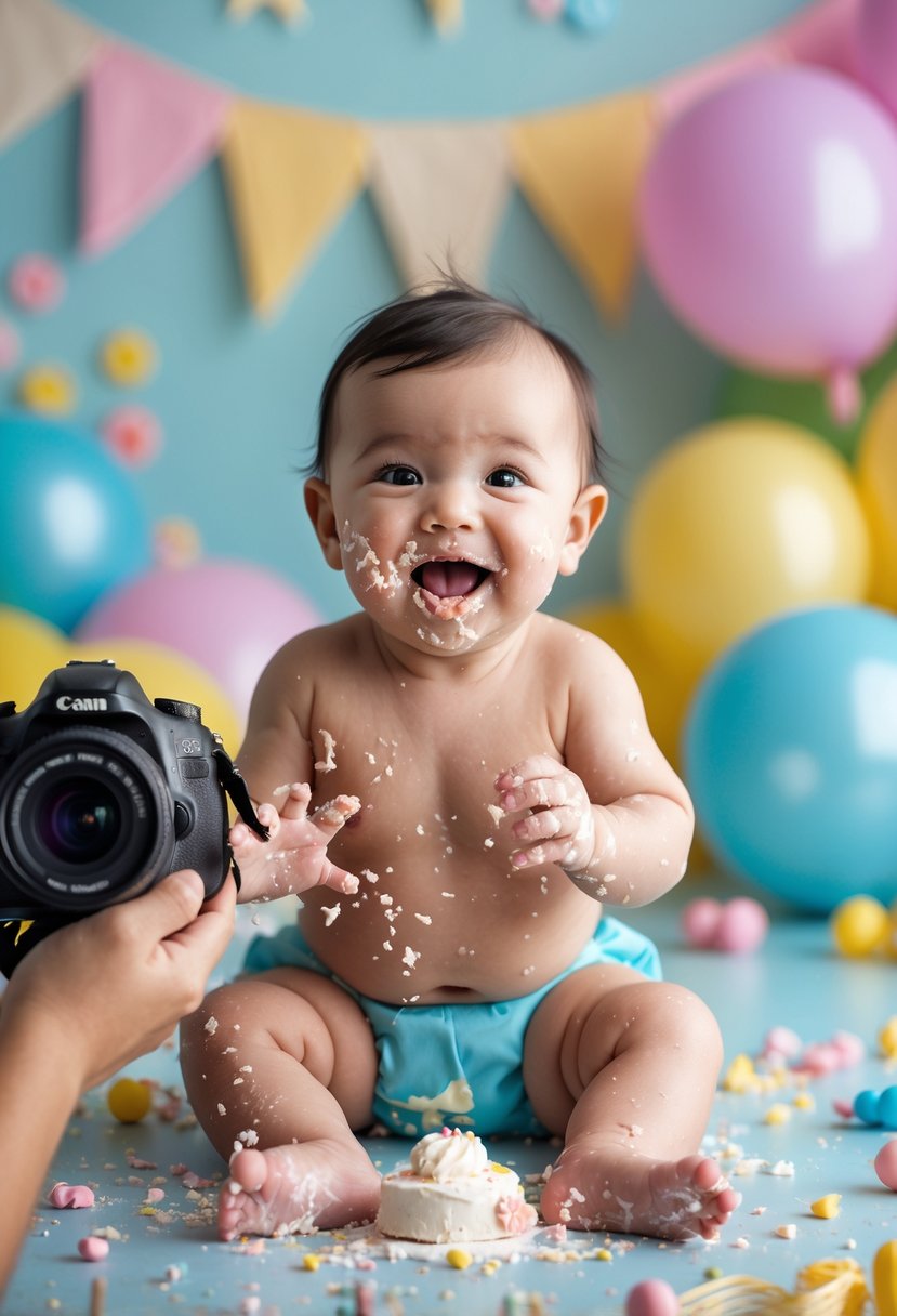 A happy baby with cake on their face and hands, sitting among colorful balloons and decorations, looking surprised and delighted.