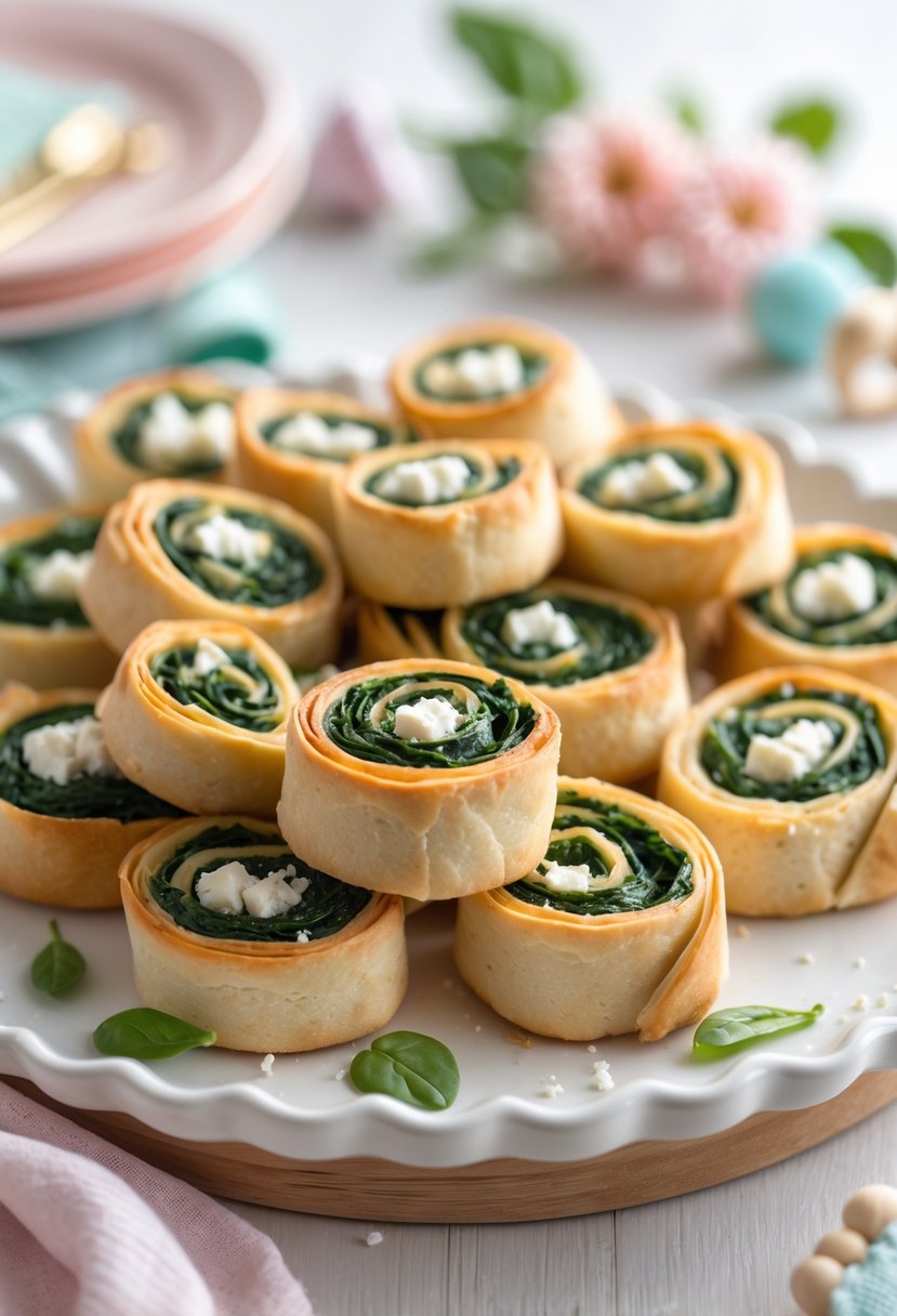 Close-up of spinach and feta roll-ups arranged on a white platter with baby shower decorations in the background.