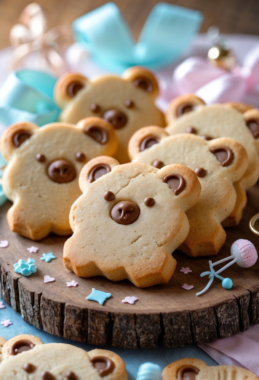 Close-up of bear-shaped shortbread cookies on a wooden board surrounded by baby shower decorations.