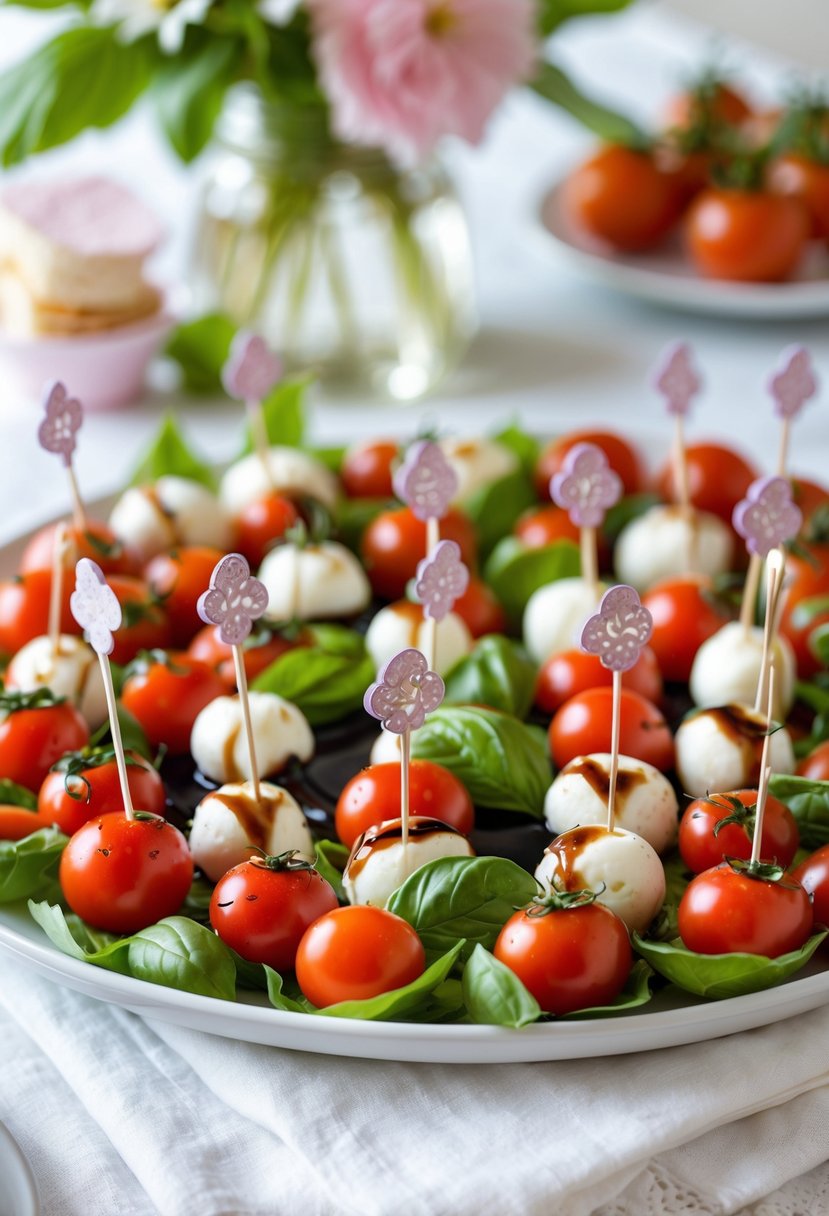 A platter of Caprese salad bites with cherry tomatoes, mozzarella balls, and basil leaves on toothpicks, arranged neatly on a white tablecloth.