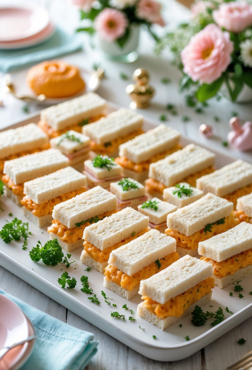 A platter of neatly arranged pimento cheese finger sandwiches with fresh herbs and baby shower decorations on a table.