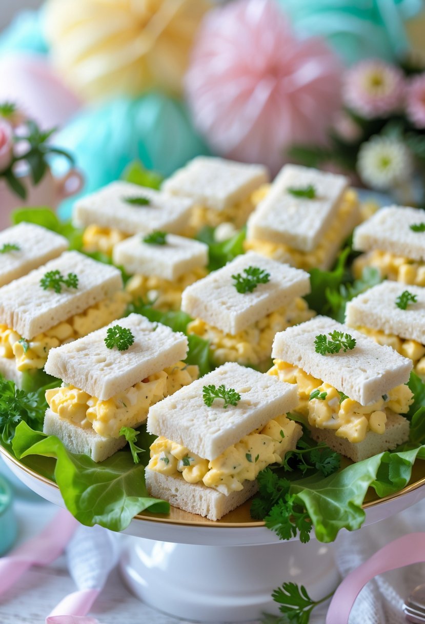 A platter of egg salad tea sandwiches arranged with lettuce and parsley on a decorated table for a baby shower.