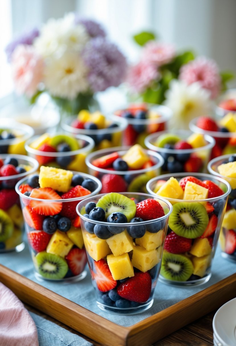 Clear cups filled with colorful fresh fruit salad arranged on a table with soft pastel decorations.