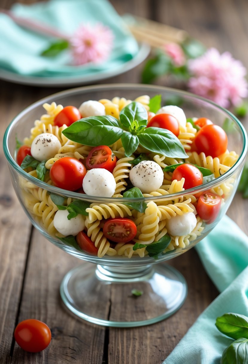 A bowl of pasta salad with cherry tomatoes, basil leaves, and mozzarella balls on a wooden table.
