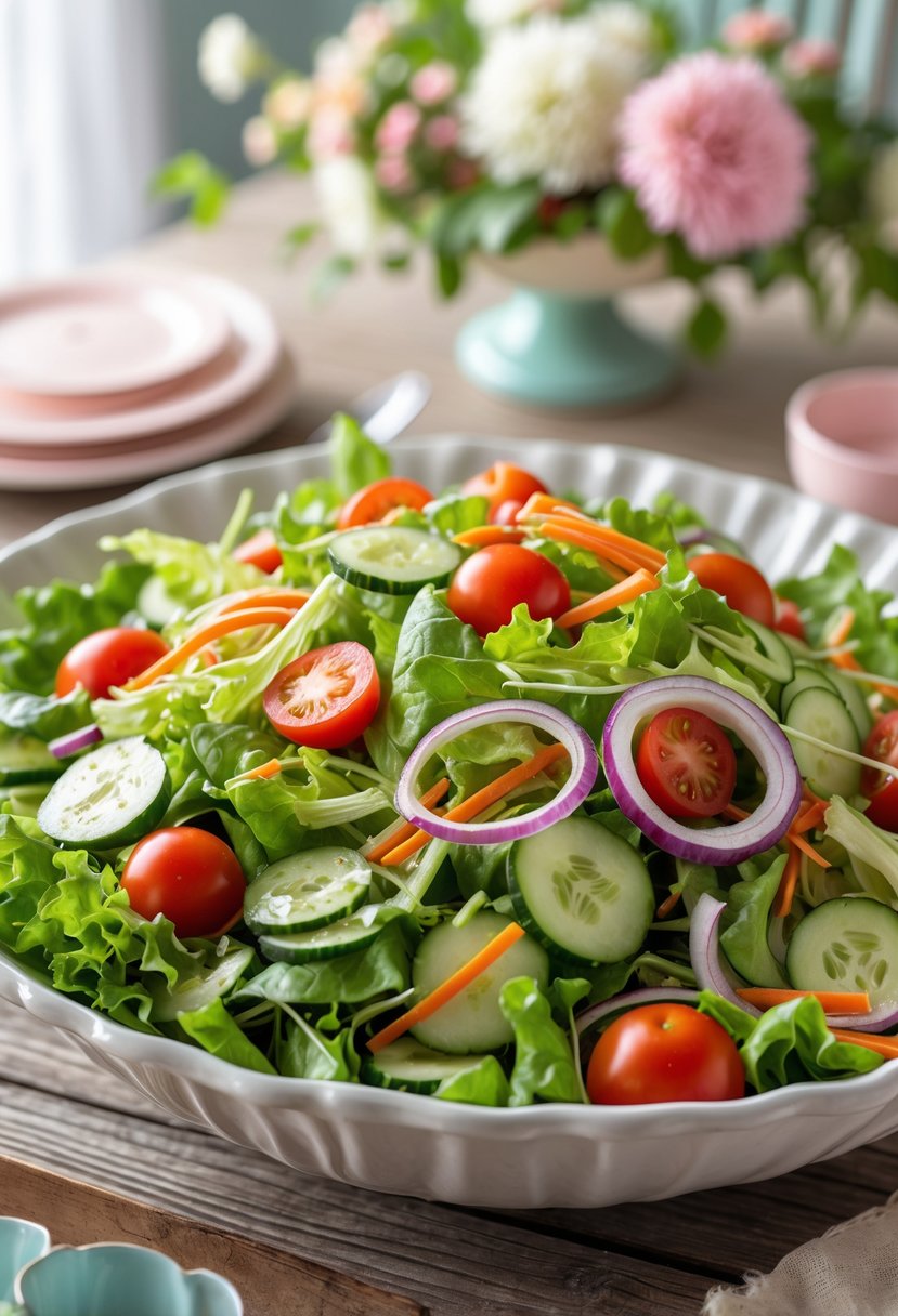 A bowl of fresh tossed garden salad with various colorful vegetables on a wooden table, with soft decorations in the background.