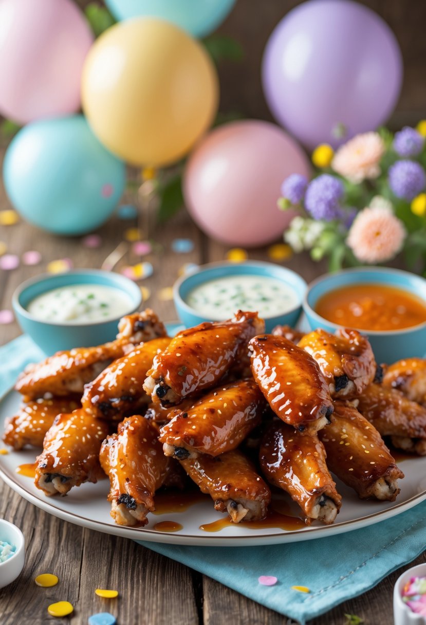 A plate of BBQ hot honey chicken wings on a wooden table with dipping sauces and baby shower decorations in the background.