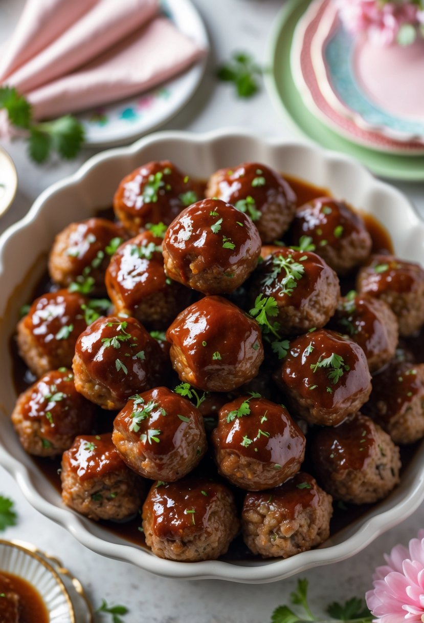 A platter of BBQ beef meatballs garnished with parsley, surrounded by baby shower decorations and pastel napkins.