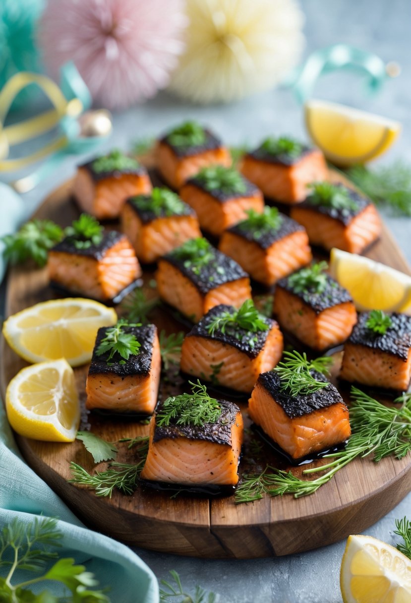 A platter of blackened salmon bites garnished with herbs and lemon wedges on a wooden board at a baby shower.