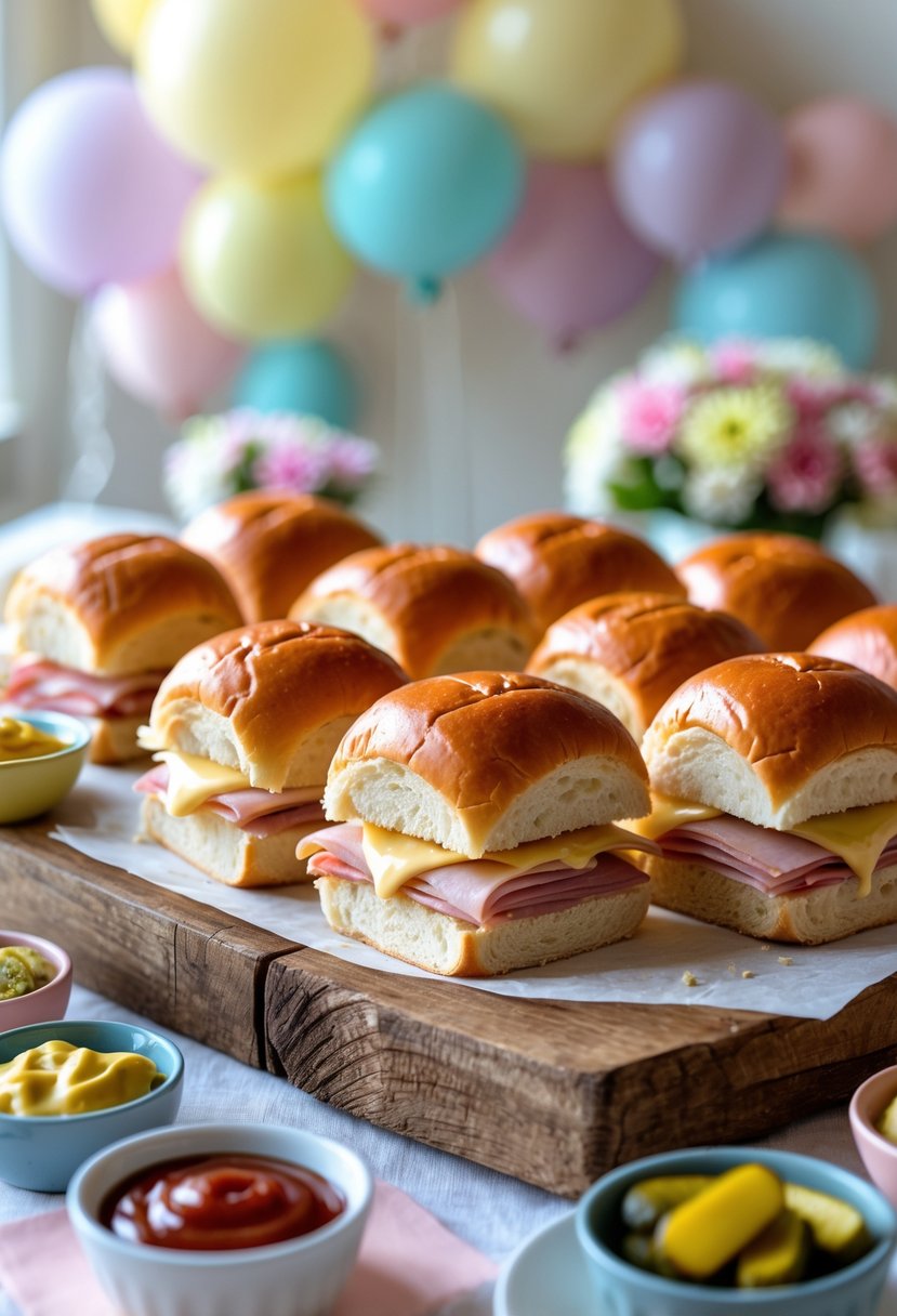 A platter of ham and cheese sliders on a wooden board with condiments, set in a decorated baby shower environment.