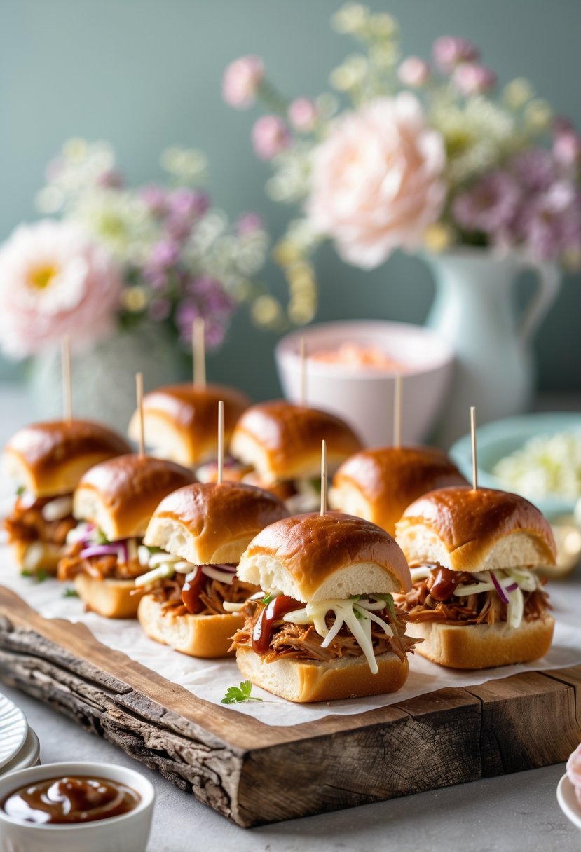A platter of mini pulled pork sliders with coleslaw on brioche buns, set on a wooden board at a baby shower.