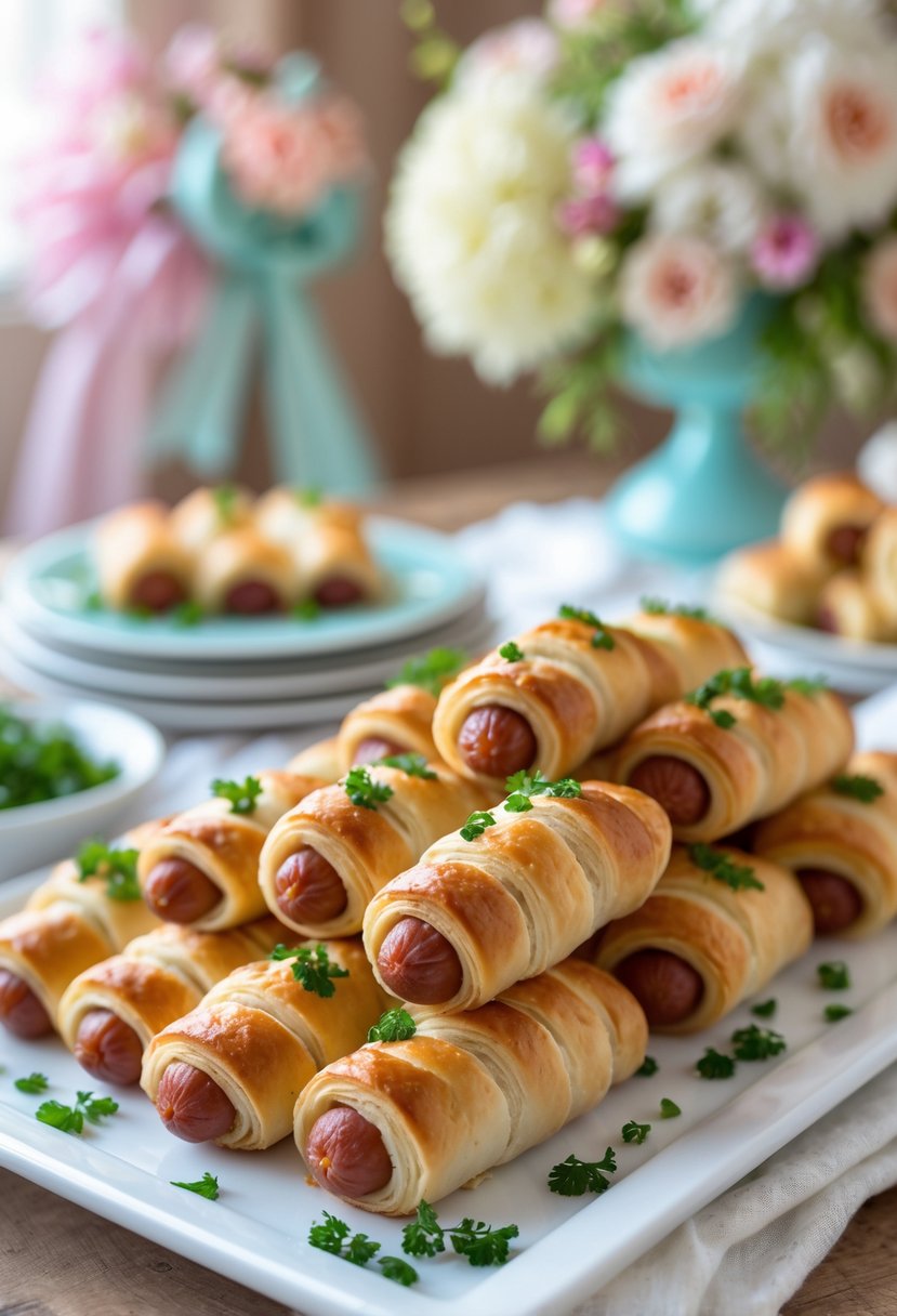 A platter of mini pigs in a blanket on a white tray with fresh herbs, set on a table decorated for a baby shower.