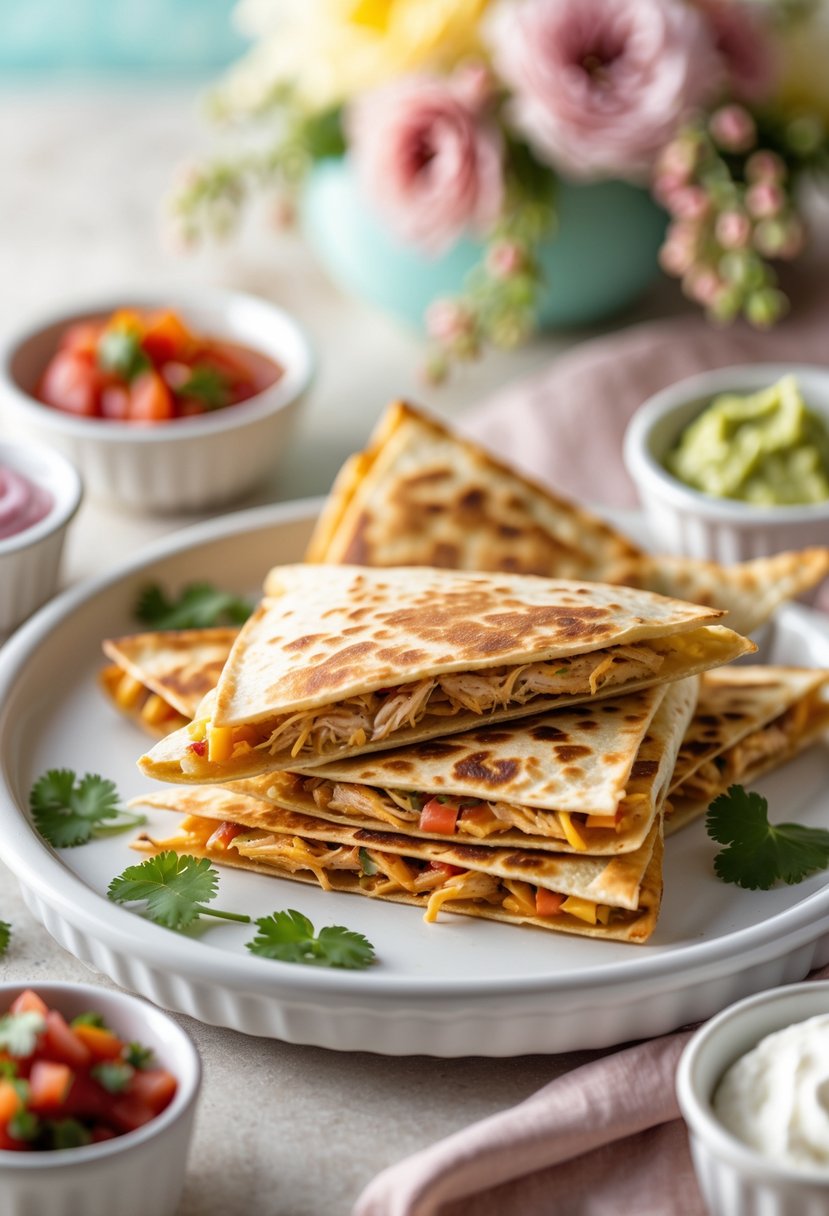 A platter of golden chicken quesadilla triangles served with salsa, guacamole, and sour cream at a baby shower.