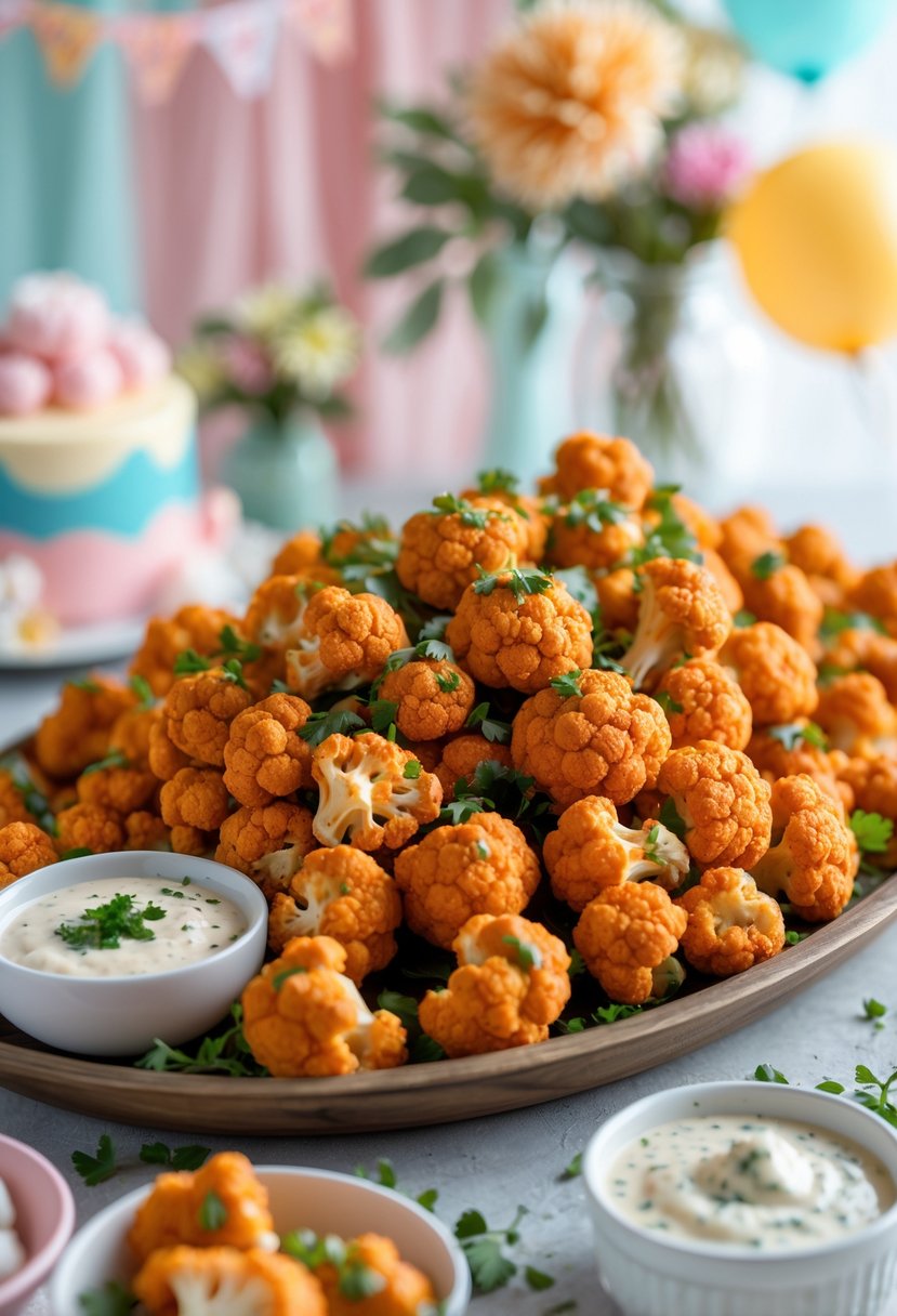 A platter of buffalo cauliflower bites with dipping sauces on a table decorated for a baby shower.