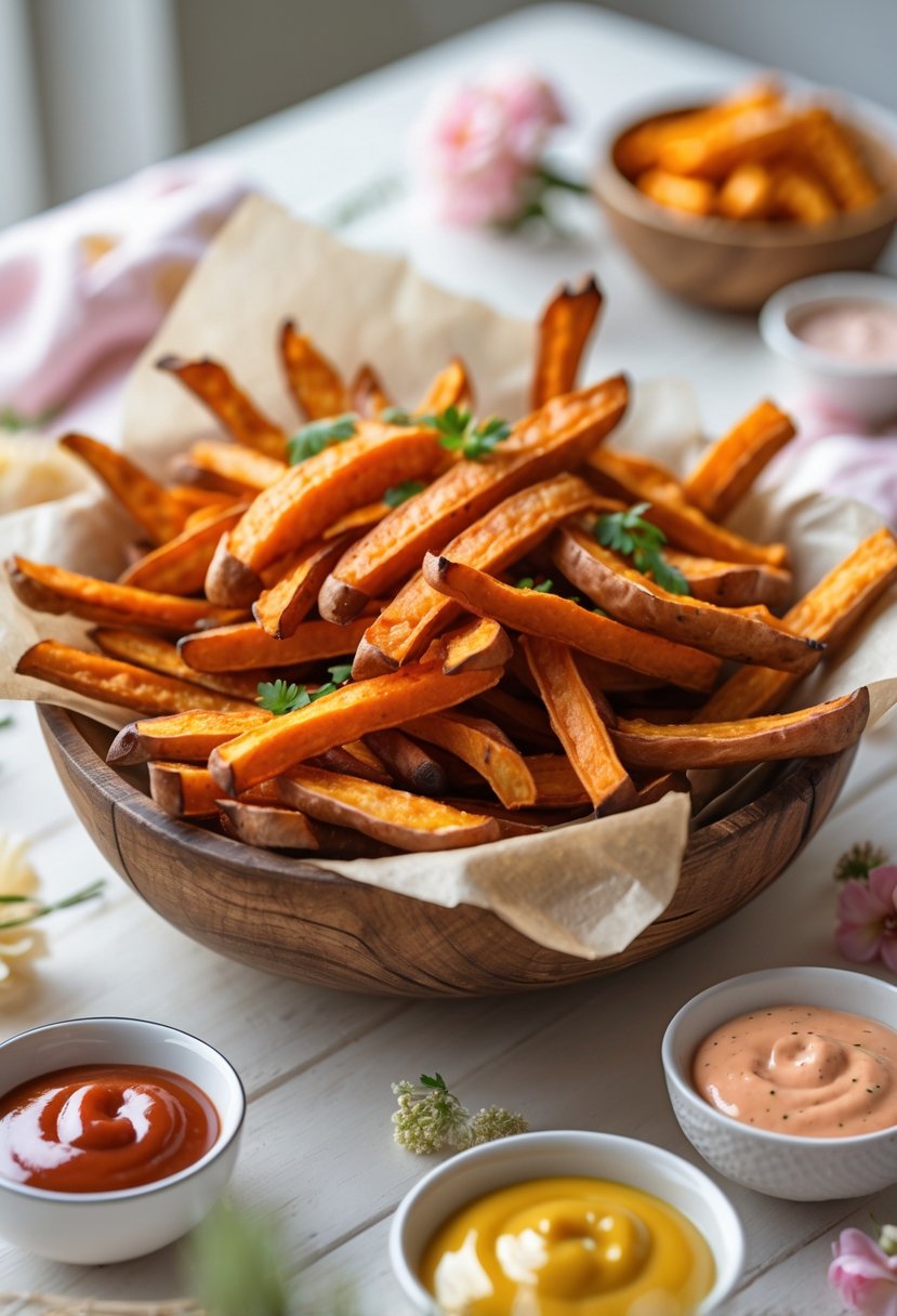 A platter of crispy sweet potato fries with dipping sauces and baby shower decorations on a wooden table.