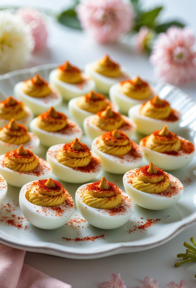 A platter of deviled eggs topped with paprika on a white surface with soft decorations in the background.