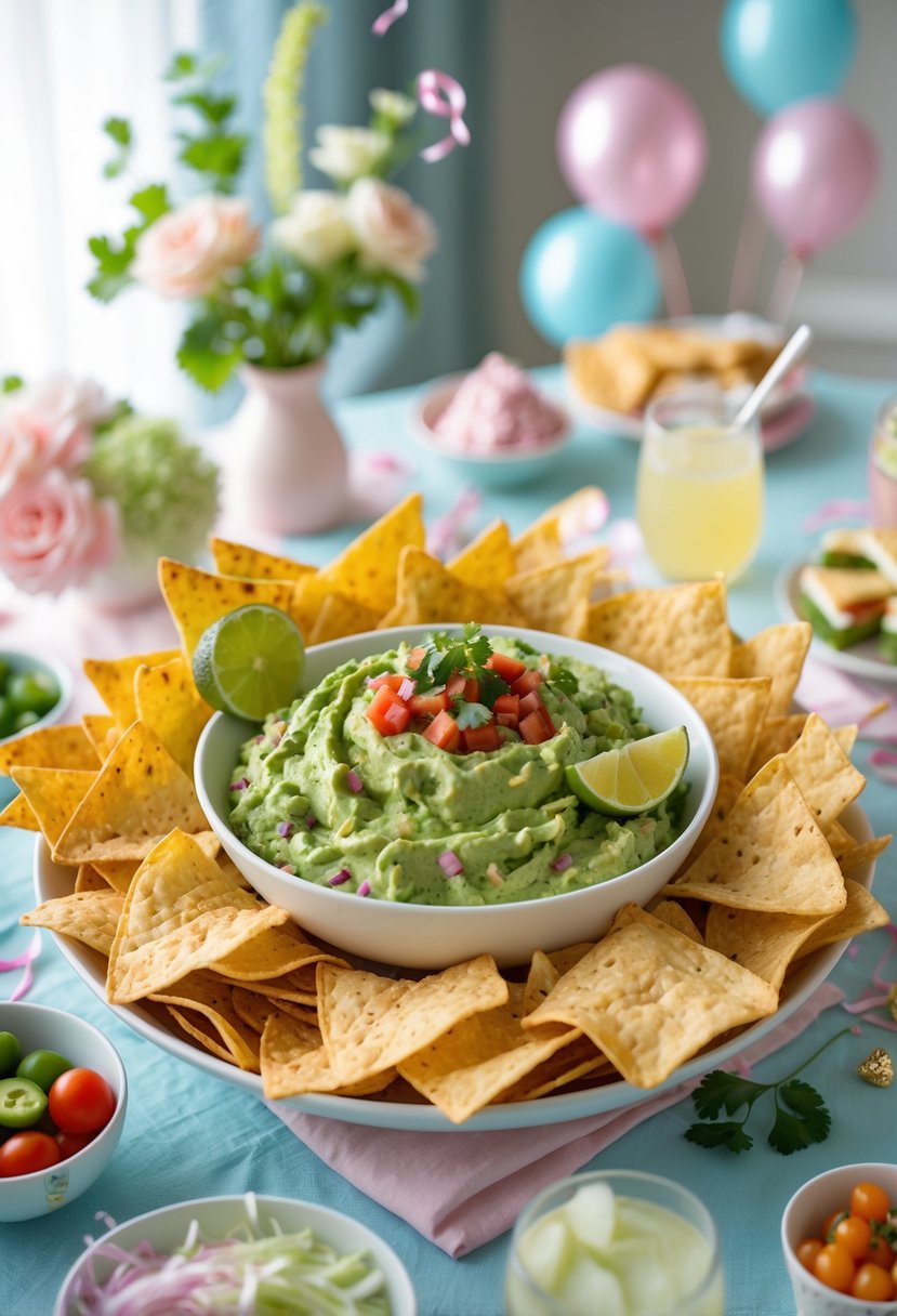 A baby shower food table featuring a large bowl of guacamole surrounded by tortilla chips, with pastel decorations and additional snacks nearby.