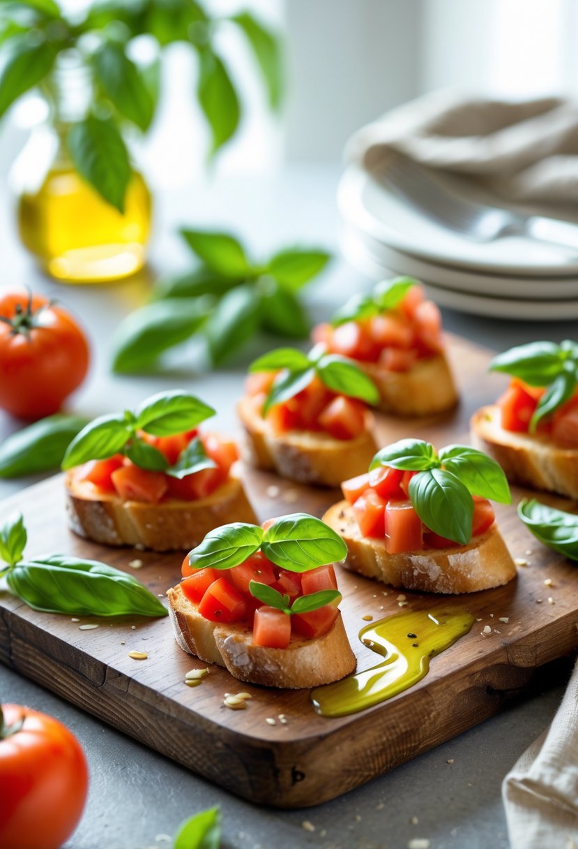 A wooden board with bruschetta topped with diced tomatoes and basil, surrounded by fresh basil and tomatoes on a table.