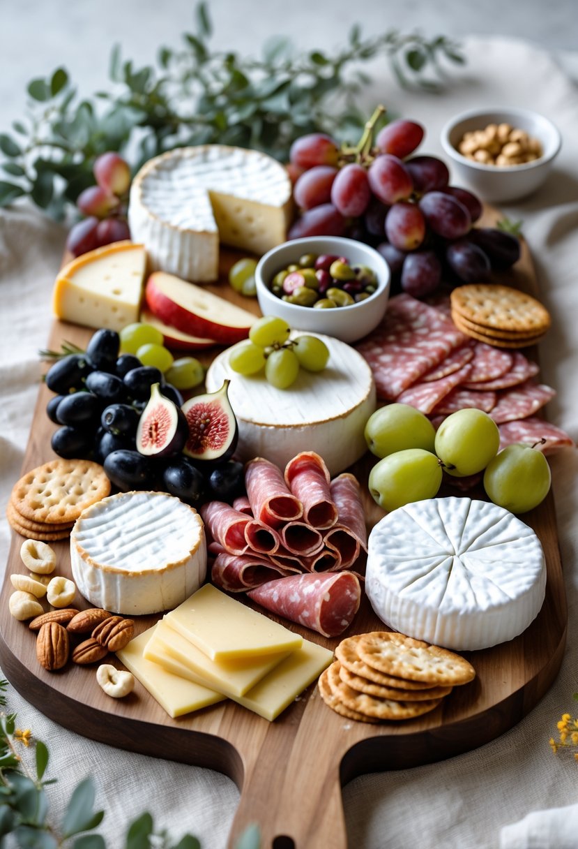 A wooden board with various cheeses, cured meats, fresh fruits, nuts, and crackers arranged for a baby shower.