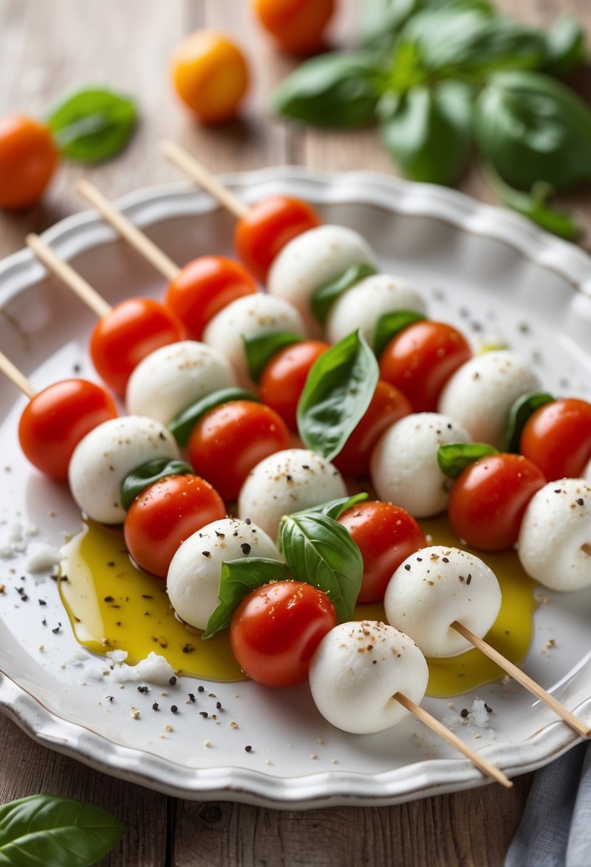 Platter of fresh mozzarella and tomato skewers with basil leaves arranged for serving.