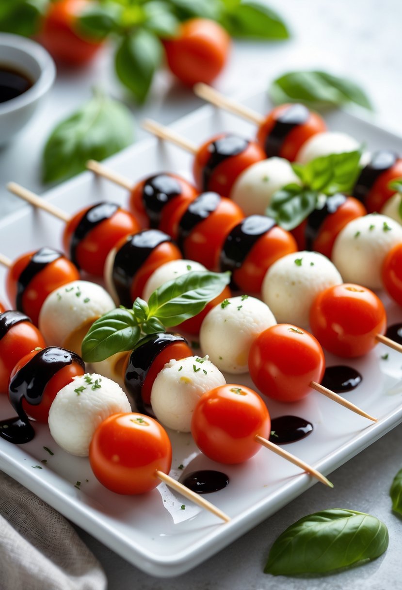 A platter of Caprese skewers with cherry tomatoes, basil leaves, mozzarella balls, and balsamic glaze.