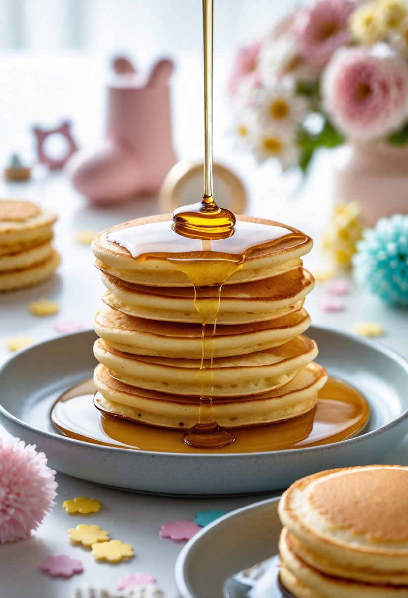 Plate of mini pancakes drizzled with maple syrup surrounded by baby shower decorations.