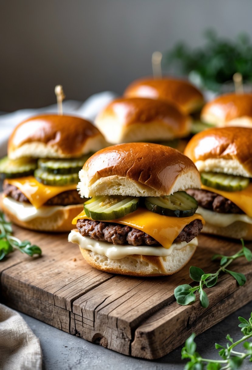 Close-up of cheddar and pickle sliders arranged on a wooden board with fresh lettuce and buns.