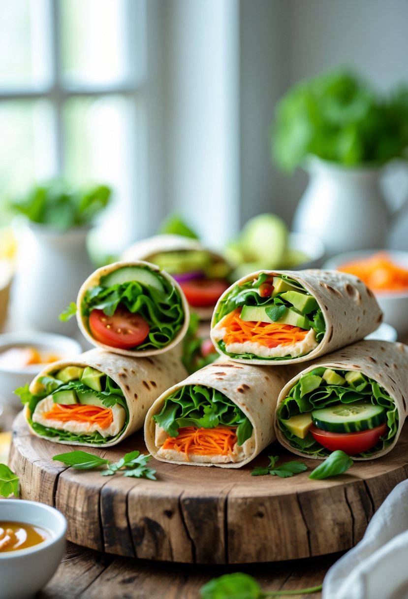 A platter of colorful vegetarian sandwich wraps filled with fresh vegetables and herbs on a wooden board, with small bowls of dipping sauces nearby.