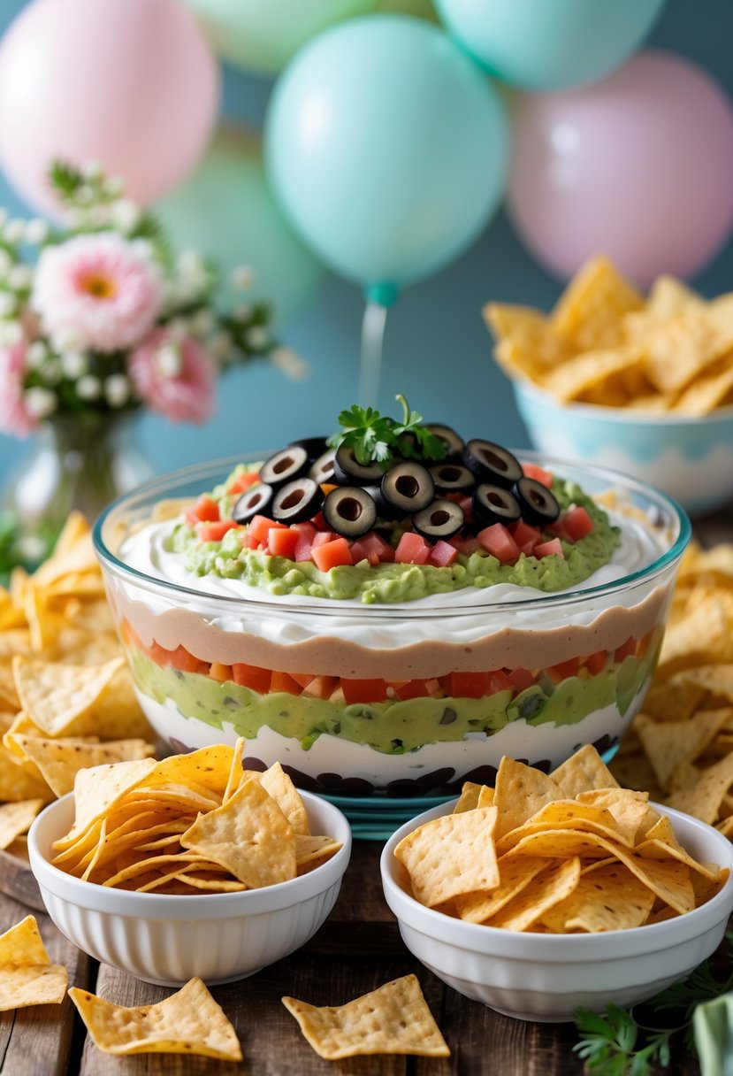 A table with a bowl of seven-layer dip surrounded by tortilla chips and pastel baby shower decorations.