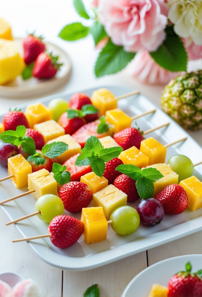 Colorful fruit kabobs with strawberries, pineapple, grapes, melon, and mint leaves arranged on a white platter on a wooden table with soft pastel decorations in the background.