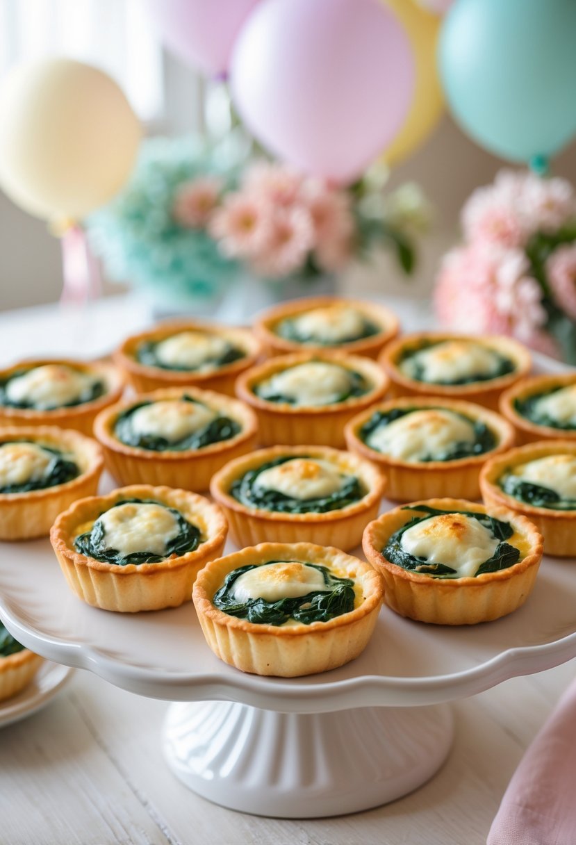 Close-up of mini spinach and cheese quiches arranged on a white platter with baby shower decorations in the background.